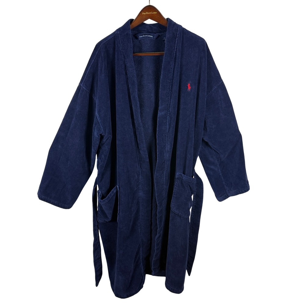 Polo Ralph Lauren Plush Terry Cloth Cotton Bath Robe Mens L/XL Navy Blue Luxury